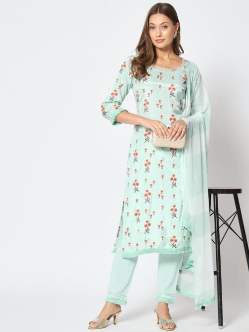 AMIRA'S INDIA ETHNIC WEAR Womens Viscose Silk Embroidered Straight Kurta Rayon Pant Chiffon Dupatta Set (Sky Blue)