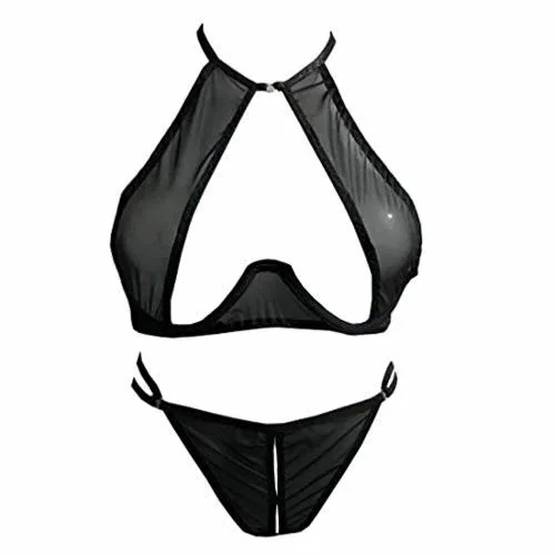 Psychovest Black Lace Transparent Stripped Back And Panty Lingerie Set