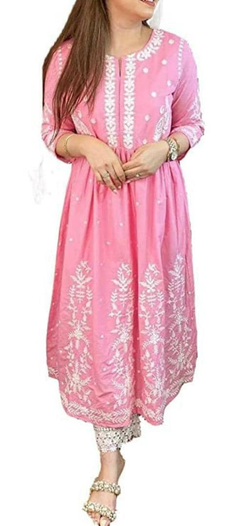 Femeone Women Pink Cotton Anarkali Kurti Pant Set - L
