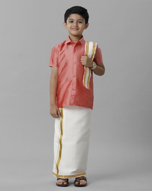 Ramraj Cotton Boys Pink Shirt and Cream Dhoti With Towel