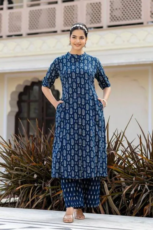 ST SWADHA TREND Blue Color Elegant Women’s Pure Cotton Kurta Pant Set Printed Design Comfortable and Stylish Ethnic Wear Dress