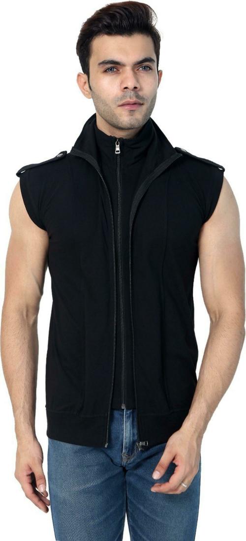 Black Collection Solid Men's Zipper Sleeveless T-Shirt Black| T shirt for men| Tshirt| Tshirt Men|hoodies for men