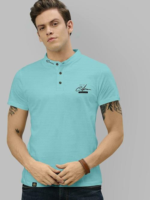 Jaimin Fashion Men Sky Blue 3D Printed Cotton Henley Tshirt (L)
