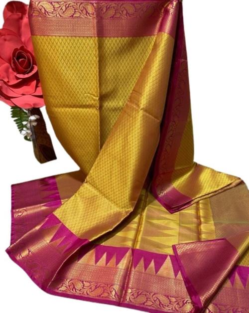 DAZZLING Women's Banarasi Kora Muslin Tanchui Saree With Blouse Piece (Yellow & Pink)