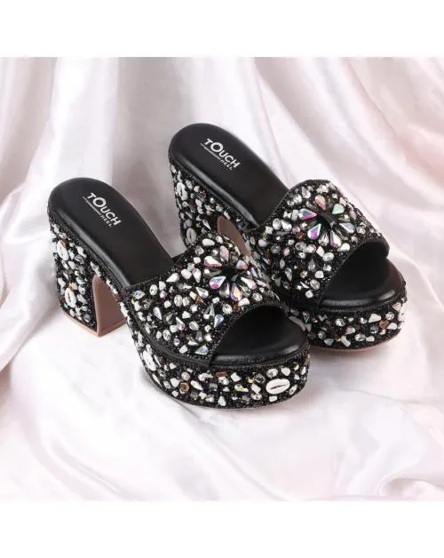 TOUCH HEEL Women BLACK Rainbow Bridal Heeled Sandal |Size-41|Colour-BLACK
