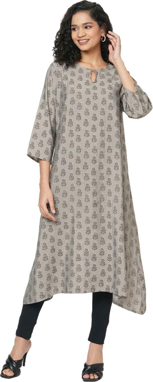 FUSION BEATS Women Grey Printed Polyester Straight Kurta
