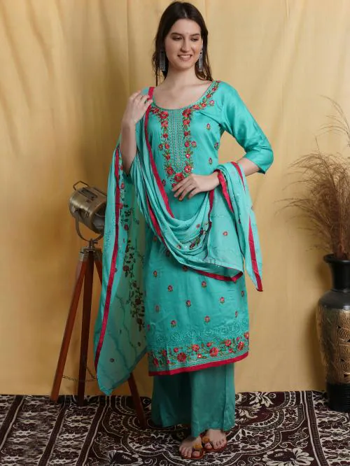 Buy Stylee Lifestyle Teal Cotton Embroidered Dress Material Online at Best Prices in India