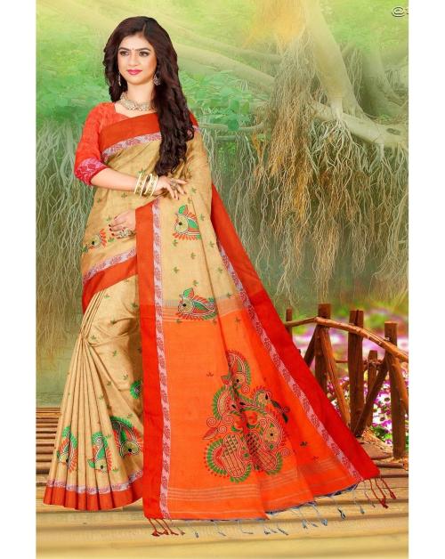 BULSARI Embroidery cotton silk AAM Embroideried Work cotton silk Saree. Good Quality Embroidery Work with Blouse Piece_Orange