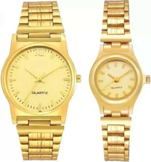 Blutech Analog Gold Dial Gold Strap Watch For Men And Women (Pack Of 2)