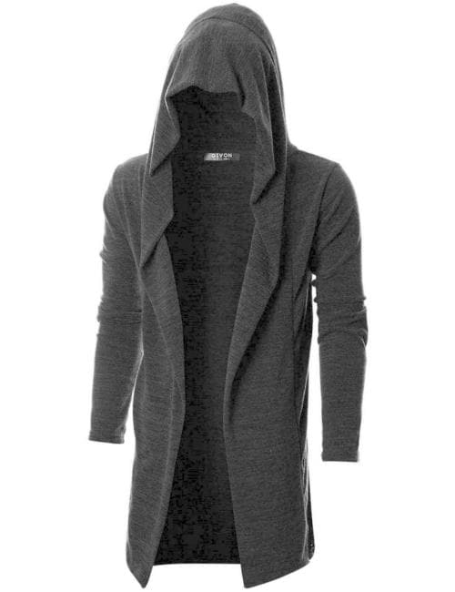 NEMO FASHION Mens Long Cardigan Open Front Draped Lightweight Hooded Sweater with Pockets (DARK BLACK) - XXL