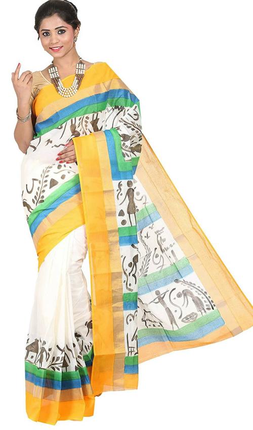 Fashionkiosks Women Cream Cotton Hand Painted Mural Art Work Kerala Kasavu Saree With Attached Blouse Piece
