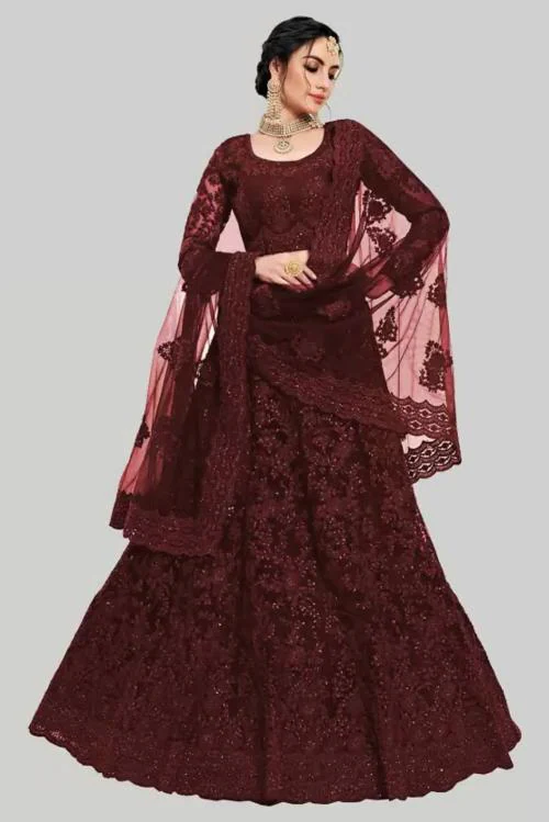 Zinariya Fab Net Embroideried Chain Work With Diamond Work Lehenga (Maroon)
