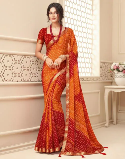 Siril Chiffon Red & Orange Color Chiffon Saree with Blouse piece | sarees for Women| saree | sarees