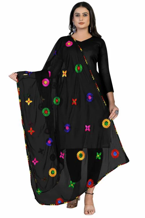 Kemza Women's Embroidered Phulkari Chiffon Dupatta (Black) with Floral Aari Work
