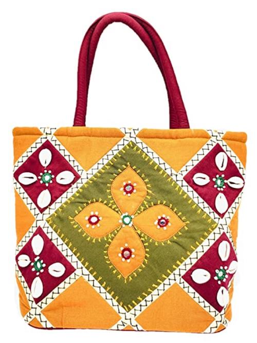 SriAog Handcrafted MIni Hand bags for women Banjara ethnic handbags Cotton hand held bag Small Size (mustard yellow Hobo Bag, Mirror, Beads, Shells thread Work Handcrafted Mini handbags)
