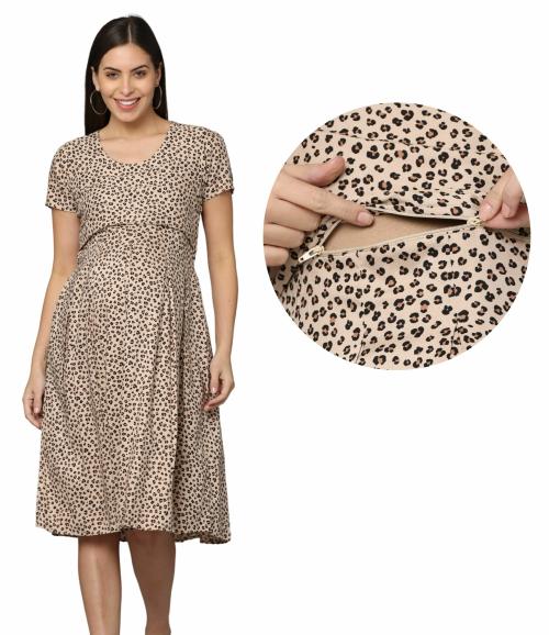 Morph Maternity | Feeding Dress For Women With Zipper | With Hidden Horizontal Zip For Easy Breastfeeding | Fits During Pregnancy & Post Pregnancy | Soft Cotton | One Side Pocket | Beige | XXXL