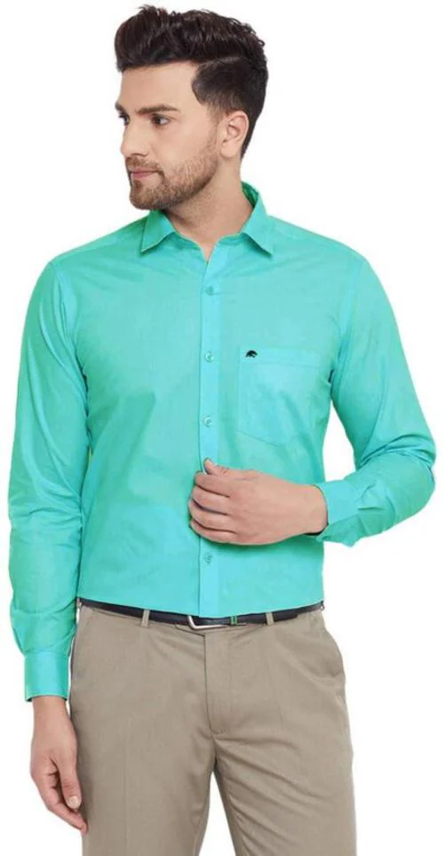 BRUCEWANE Men Light Green Solid Pure Cotton Formal Shirt - S
