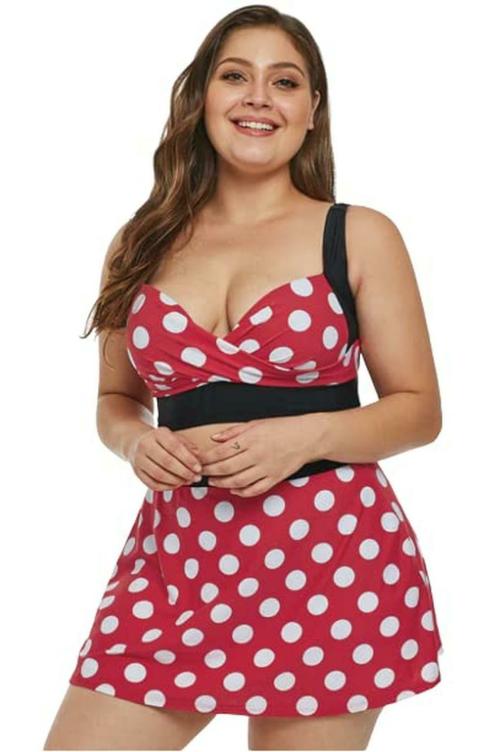 Plus Curvves Plus Size Polka Dot White Red Bikini Swimwear Top with Swim Skirt - XL