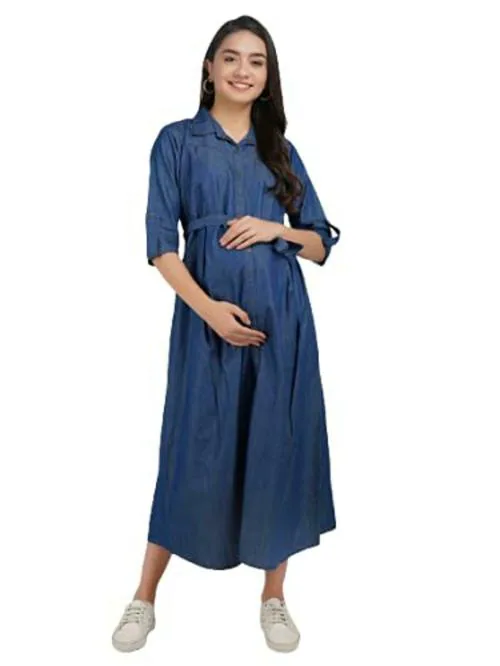 KOI SLEEPWEAR Women's Denim Maternity Gown with Feeding Pocket Maxi Night Gown for Pregnant Women (X-Large, Dark Blue)