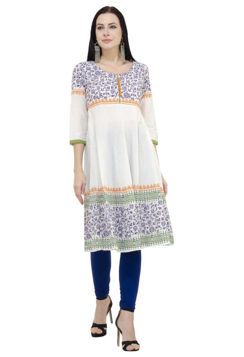 EZIS FASHION Women Block Print Anarkali White- EZIS-A2