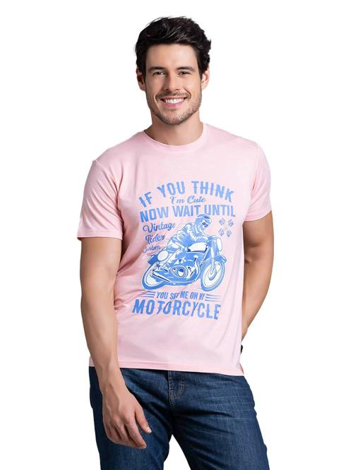 Rhysley Men Peach Solid with Biker Graphic Print on Chest Round Neck T Shirt - S