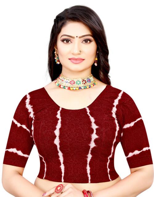 HAUTELOOK Women Maroon Self Design Lycra Blend Round Neck Blouse (L)