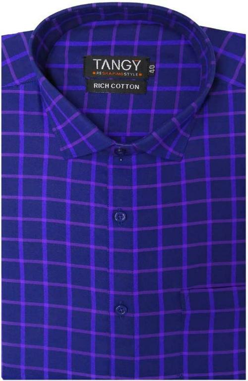 TANGY Mens Dark Blue Checkered Casual Shirt, L