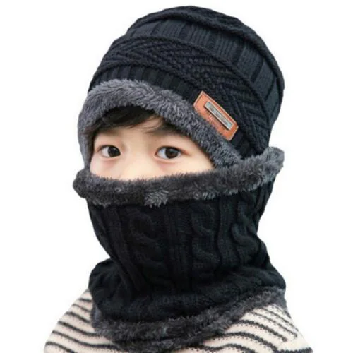 INFISPACE Baby's Girl's Warm Beanie Cap & Neck Scarf Set | Kids/Boys/Girls/Unisex Winter Woolen Warm Beanie Cap with Neck Warmer Black Color| Size- 12-18 M