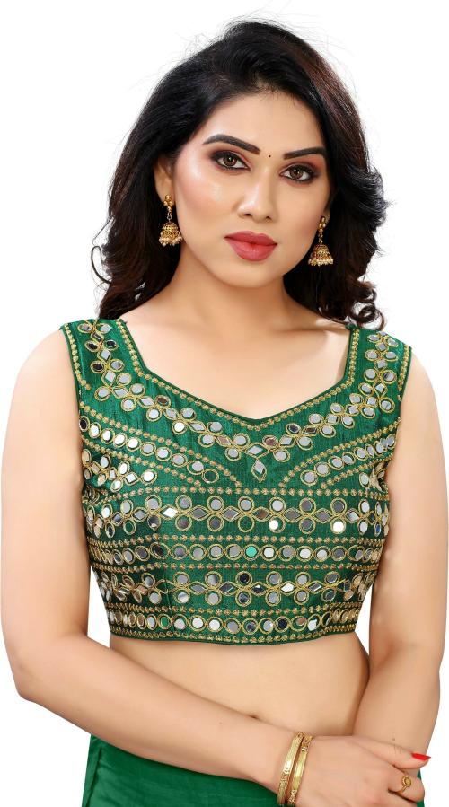 Jay Pal Women Green Embellished Art Silk Sweetheart Neck Blouse