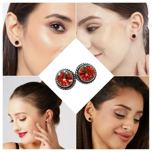 VAMA FASHIONS Trendy Silver Oxidised Monalisa Ruby Red Stone Ear Earring for Women & Girls