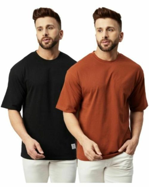 Gritstones Men Oversized Brown & Black Solid Cotton T-Shirt (Pack of 2)