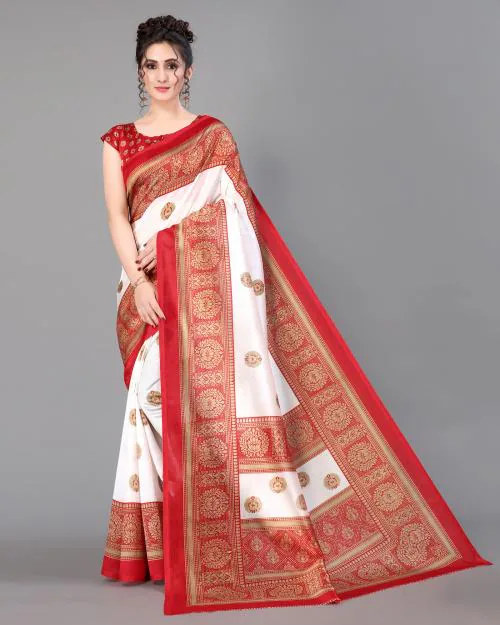 PATISOL White & Red Mysore Silk Saree with Blouse Piece_( Gor_RUC-411-Red )