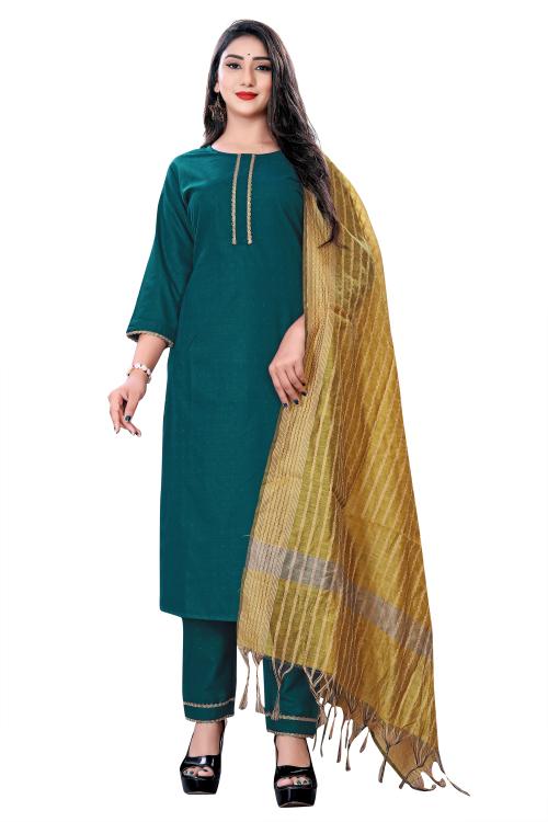 JIVIBA Women's Green Solid Cotton Single Kurta Pant Set with Dupatta