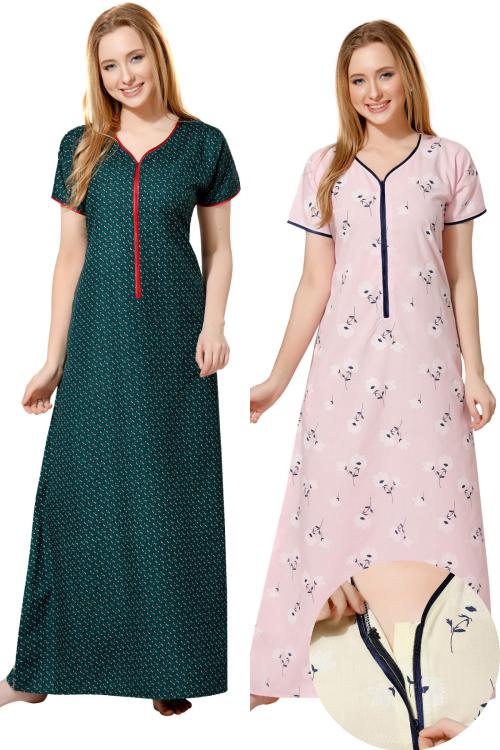 Piu Women's Premium Cotton Front Zipper Nighty Pack of 2 - Green Pink