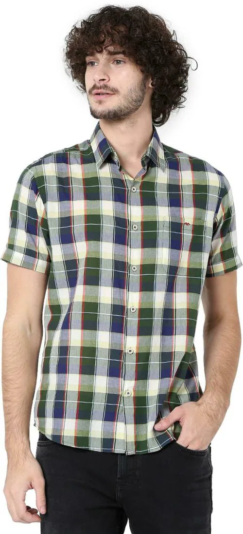 Mufti Olive & Navy Madras Check Slim Fit Casual Shirt