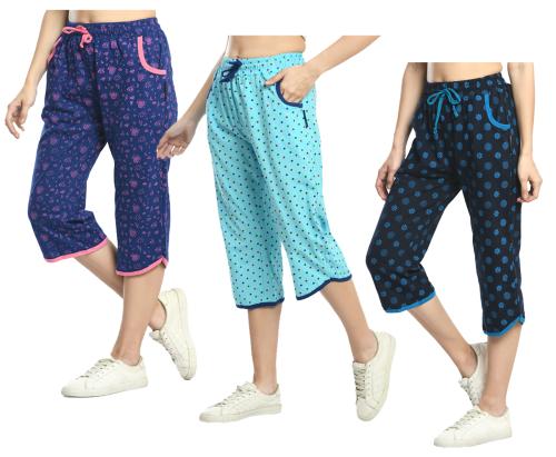 IndiWeaves Womens Relaxed Fit Cotton Capri 3/4th Pants (Pack of 3) Multicolor