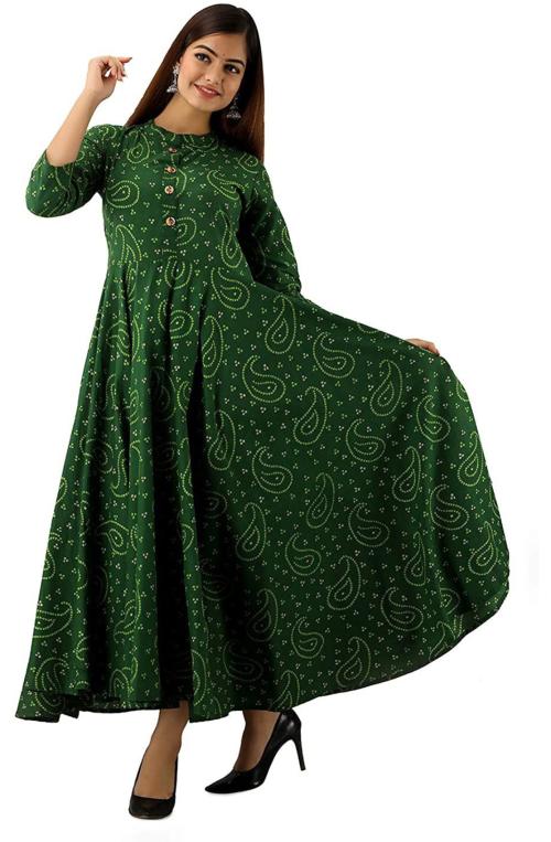 RA Creation Women Bottle Green Printed Viscose Rayon KurtaM