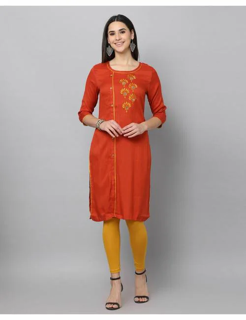English Lady Women Regular Round Neck Machine Embroidery Kurti | Orange Colour | L Size | Slim Fit Kurtas | Knee Length | Straight Kurta | Dobby Fabric | Embroidered Kurtas