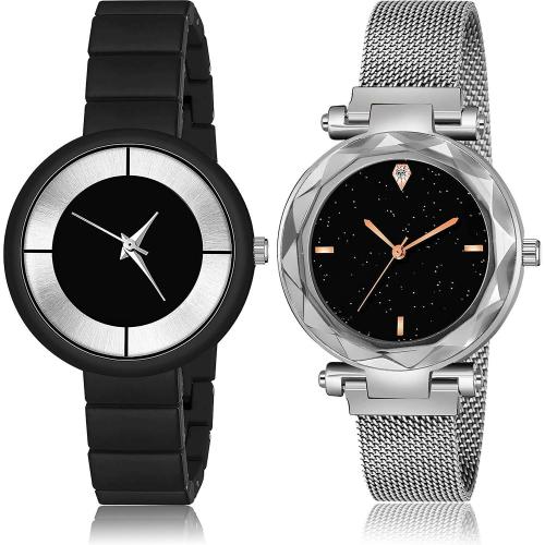 NEUTRON Treading Love Simple Chain And Magnet Black And Silver Colour Analog Metal And Stainless Steel Belt 2 Watch Combo For Women And Girls - G632-GC6