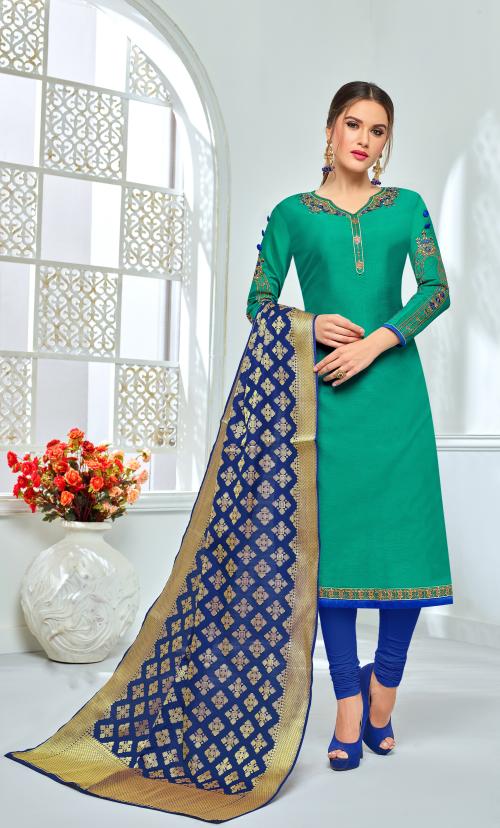 Teal & Blue Chanderi Embroidered Salwar Suit With Banarasi Dupatta