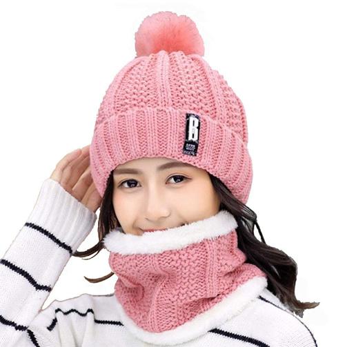 Navkar Crafts Women's Winter Hat Solid Warm Beanie Hat and Muffler Scarf Two-Piece Knit Cap Set for Women Girl Pink