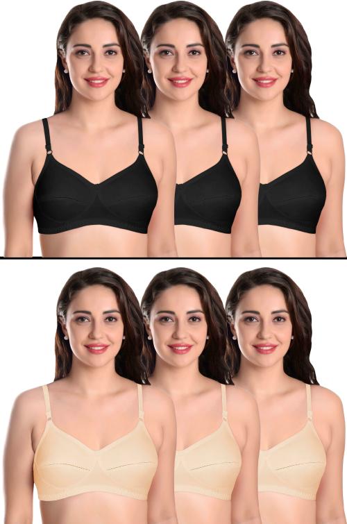 Featherline Women Multicolor Solid Pure Cotton Pack of 6 Non-Padded Bra (38B)