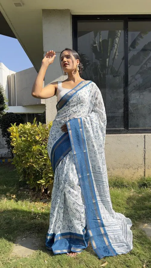Reeta Fashion Gorgeous White-Sky blue Dola Silk Kalamkari Print Stitched Saree With Unstitched Blouse