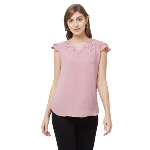 Go.4.it Women's Double Frill Cap Sleeves Top with Cutwork Embroidery On Neck