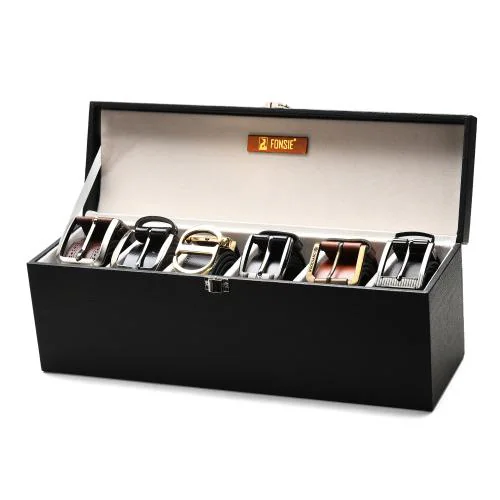 Fonsie Black Belt Organizer Rack Box for Wardrobe, Closet Storage organizing Faux Leather 6 Slot.