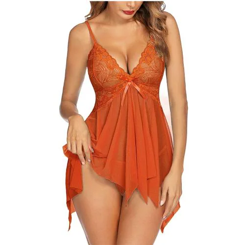 Inonra Babydoll Sleepwear Lingerie Women's Nightwear Honeymoon Dress for Ladies First Night Dress for Woman with G-String Orange