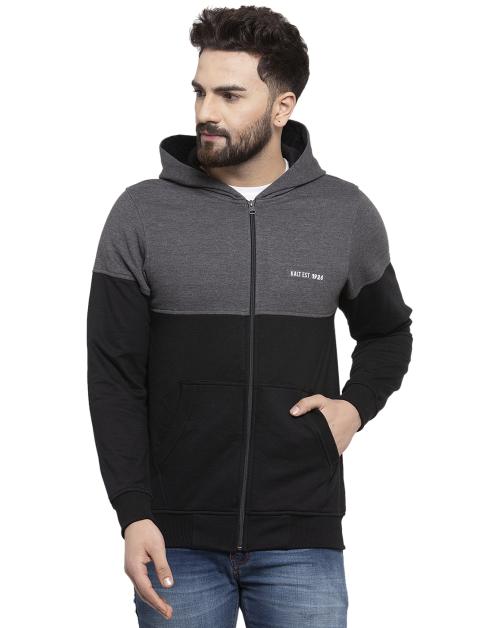 Kalt Men Black Dark Grey Melange Dual Colour Fleece Hoodie