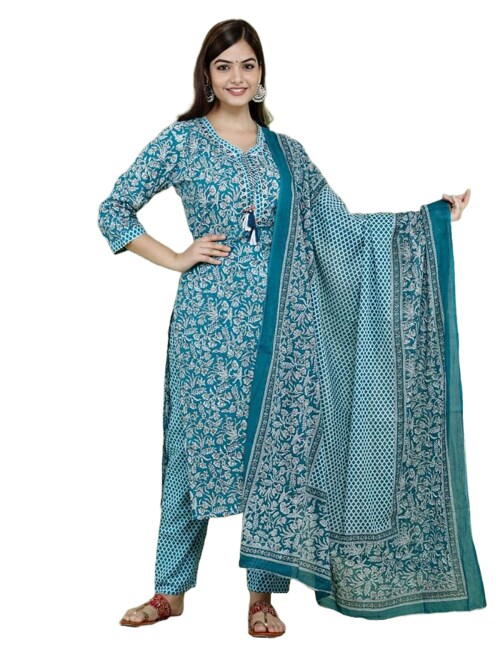 Clickedia Womens Fully Stitched Cotton Printed Straight Kurti with Gotta Patti , Handwork and Cotton Dupatta with Pants Jaipuri Salwar Suit