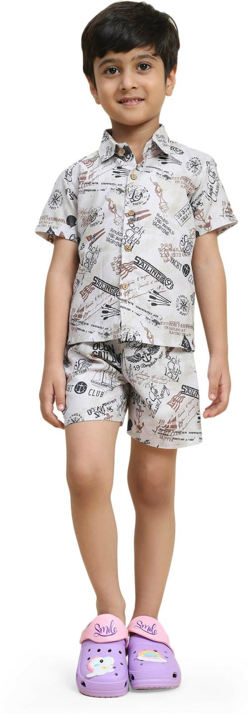 FUNNY BONES CLOTHINGS Boys Beige Printed Cotton Linen Blend Casual Shirt And Shorts (2-3 Years)