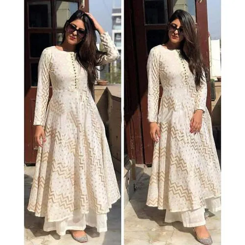 Alvano Anarkali Kurti with Palazzo for Women and Girls Golden Print Rayon